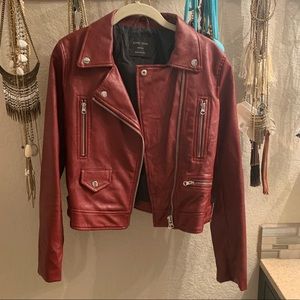 Red faux leather moto jacket
